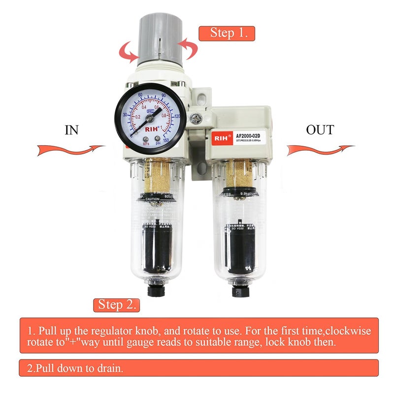 RIH Store Pneumatics 1/4'' NPT Auto Drain Compressed Air Double Filter & Regulator, Air Drying System, Air Compressor Water Separator, Poly Bowl,0-150 psi Gauge, 5 Micron Brass Element (1/4 NPT) AC2011-02D - Image 5